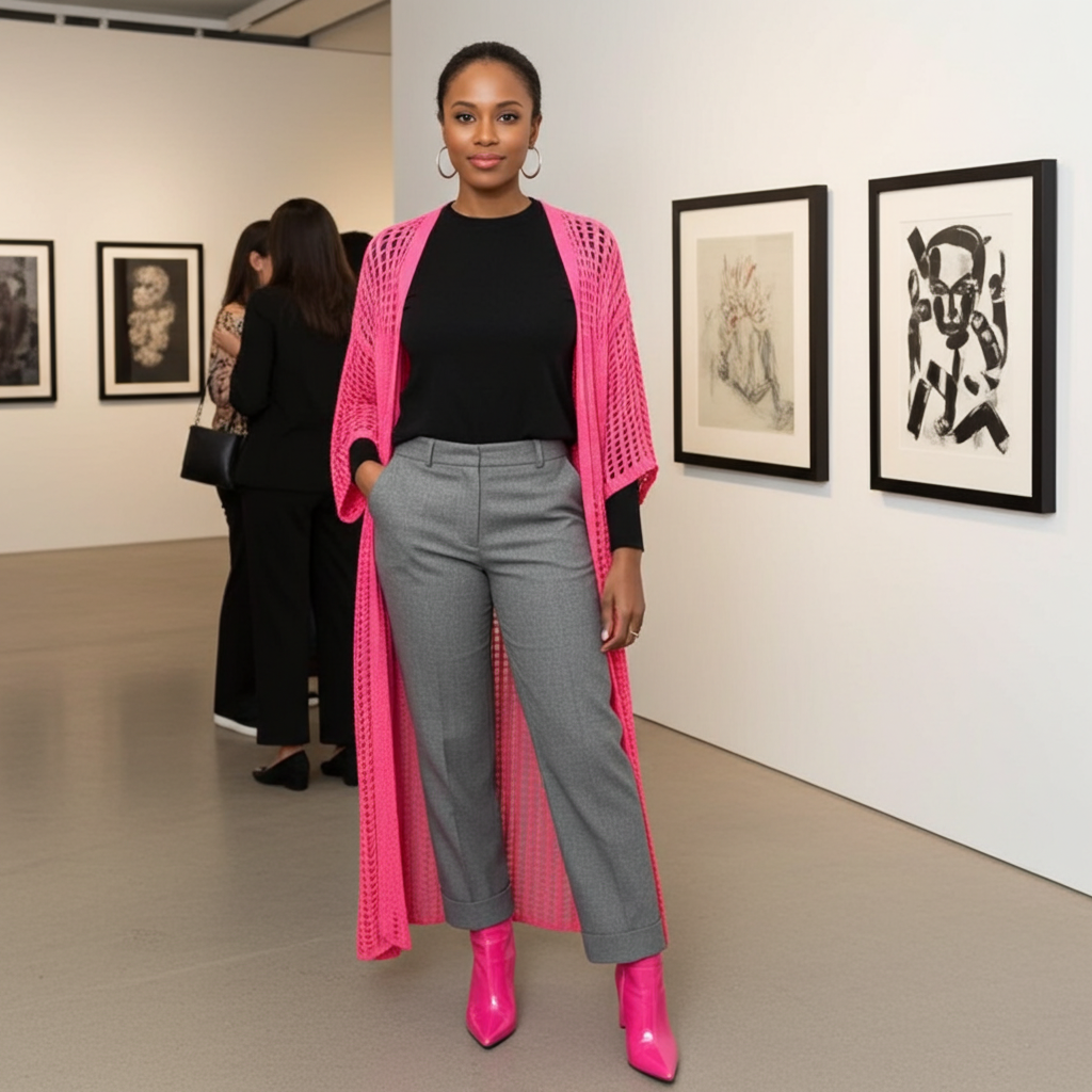 Woman in a pink cardigan and gray pants standing in an art gallery.