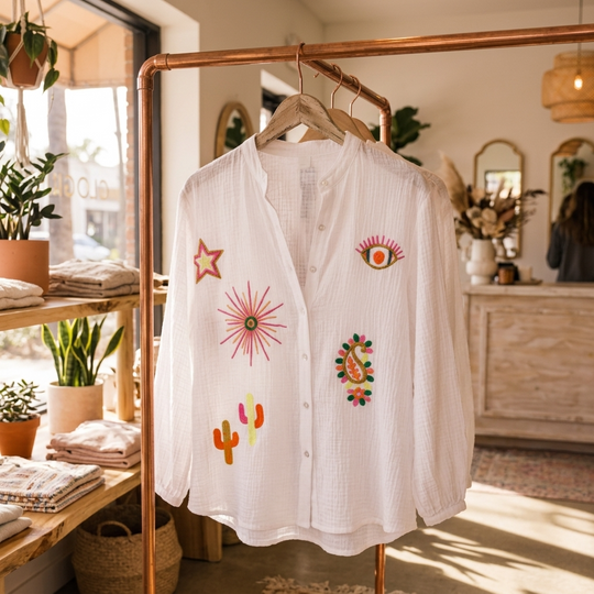 White embroidered shirt on a hanger in a bright room with plants and furniture.