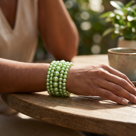 Classic Pearl Stretch Bracelet Set (5-Piece Stack) - Green