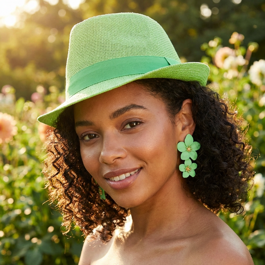 Paper Braid Panama Fedora Hat with Satin Band – Green
