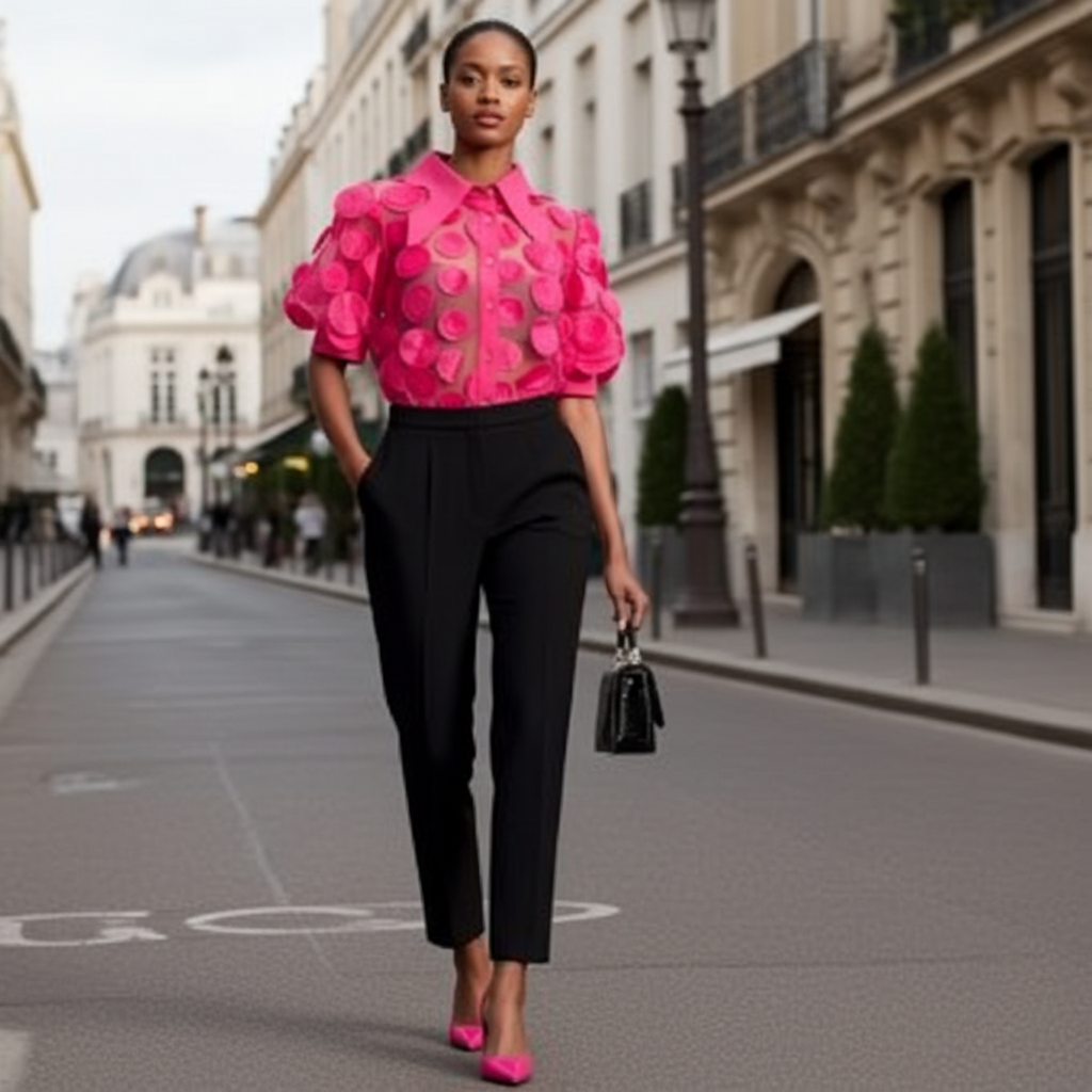 Fuchsia Mesh Splicing Round Polka Dots Button-Down Top