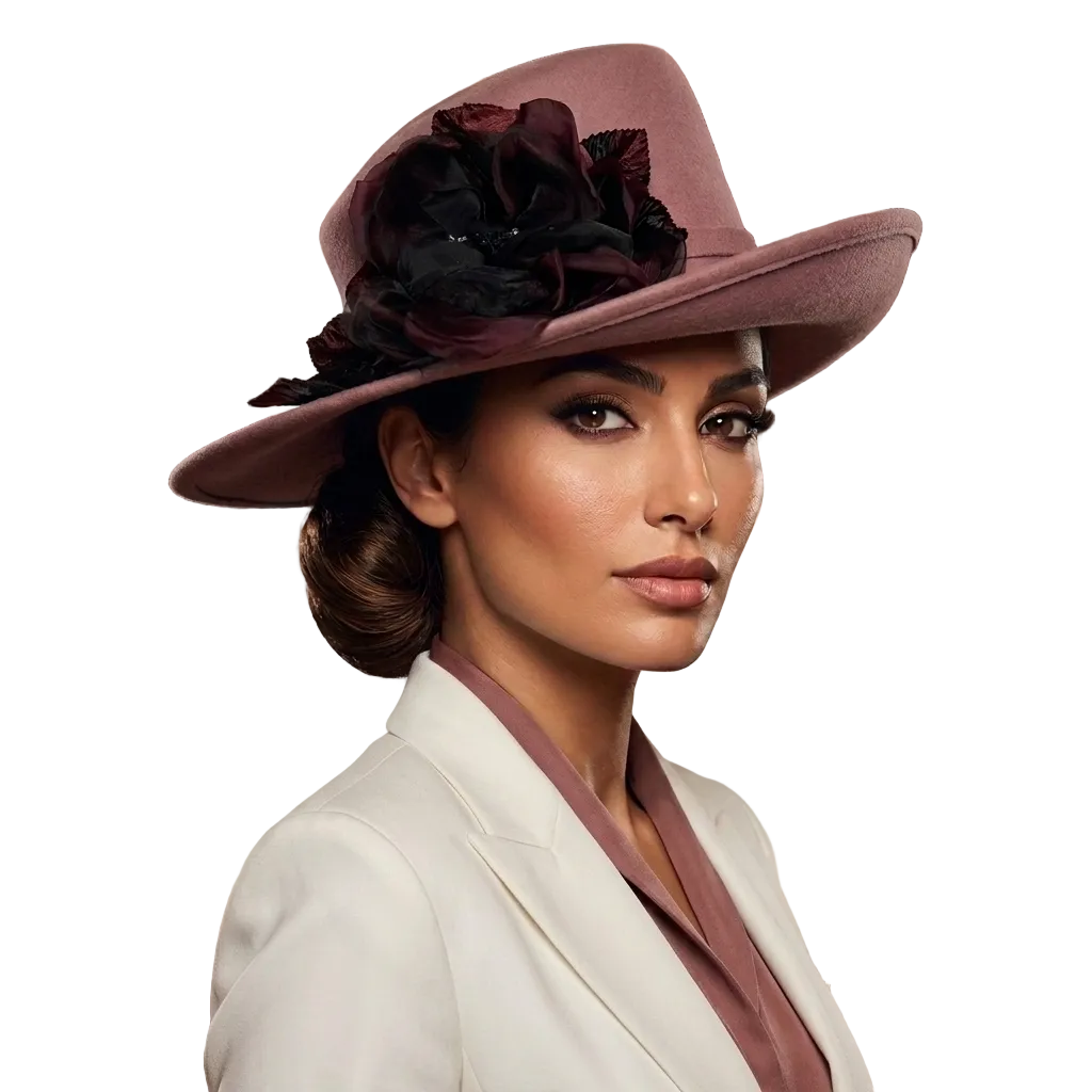 A woman wearing a wide-brimmed dusty pink hat adorned with dark burgundy fabric flowers, paired with a cream blazer, set against an elegant interior background with drapes and a chandelier.