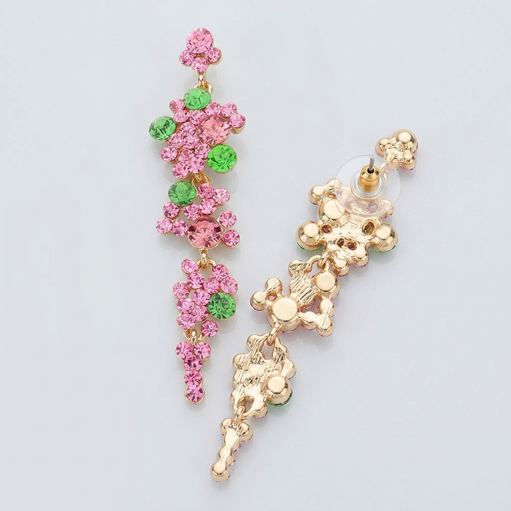 Pink and Green Crystal Floral Cascade Drop Earrings