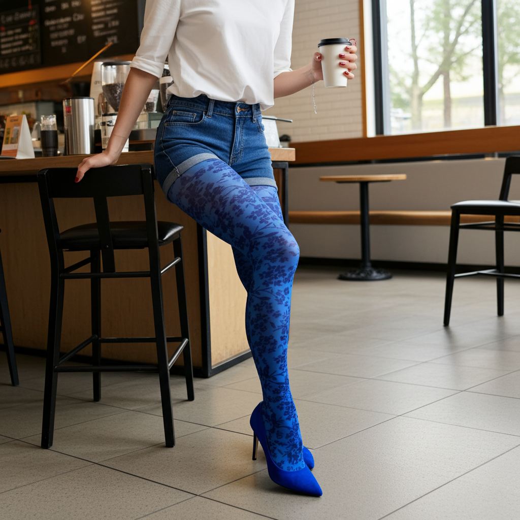 Blue Cornflower Printed Tights