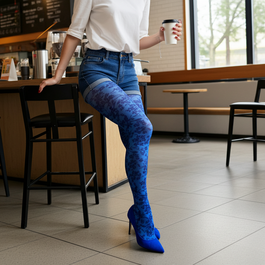 Blue Cornflower Printed Tights