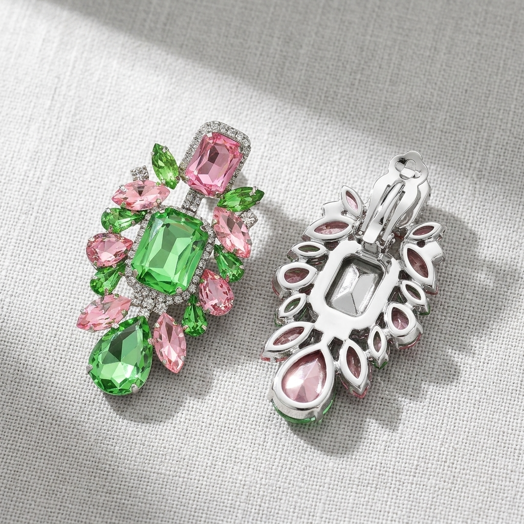 Rosa und Grüne Kristall-Tropfen-Pave Clip-Ohrringe