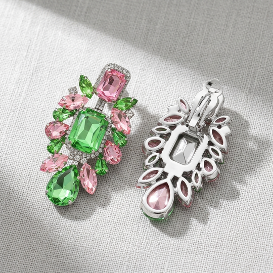 Rosa und Grüne Kristall-Tropfen-Pave Clip-Ohrringe