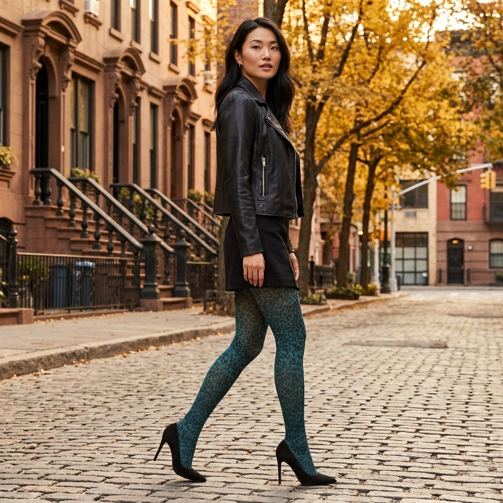 Leopard Printed Tights - Teal Blue