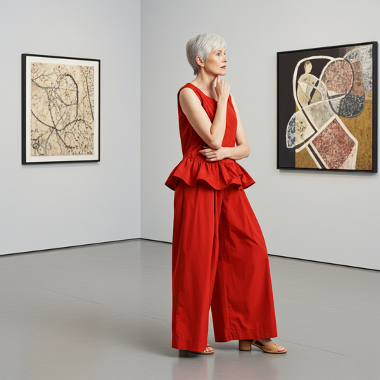 Woman in a red outfit standing in an art gallery with abstract paintings on the walls.