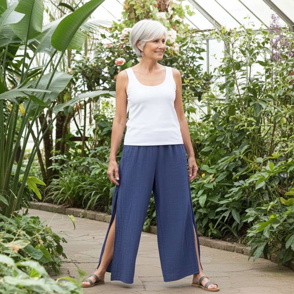 Cotton Side Slit Pant - Navy