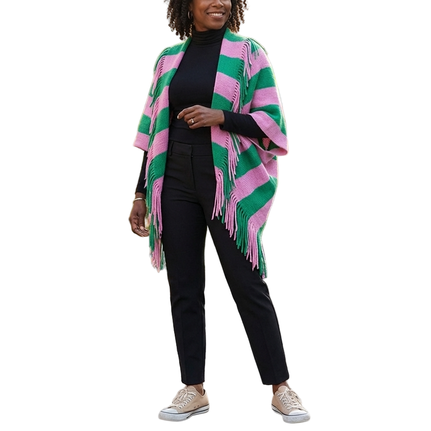 Woman wearing a green and pink striped shawl in an urban garden setting