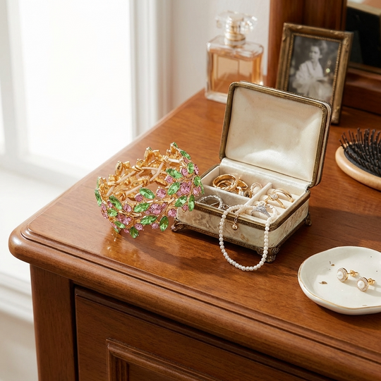 Pink & Green Floral Crystal Stretch Bracelet