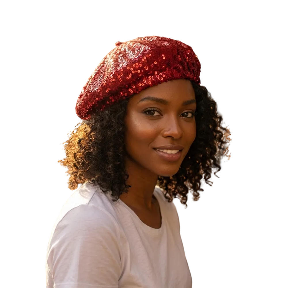 Woman wearing a red sequined beret in an outdoor setting