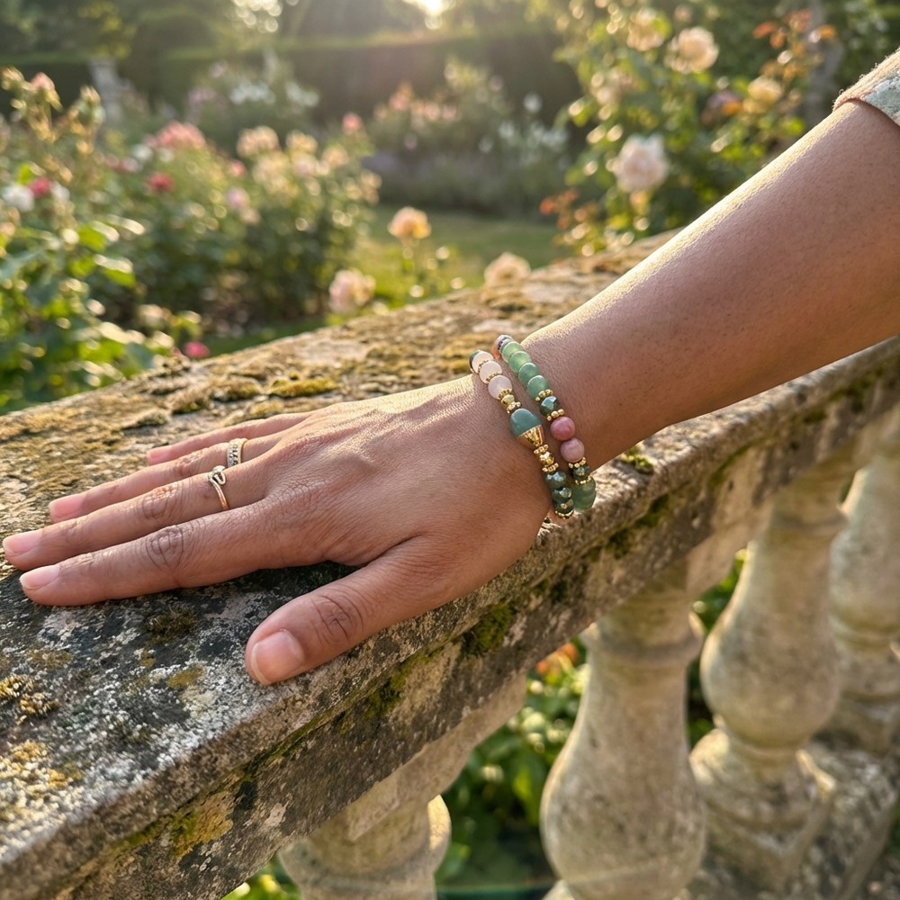 Hand wearing a bracelet on a stone railing with a garden background