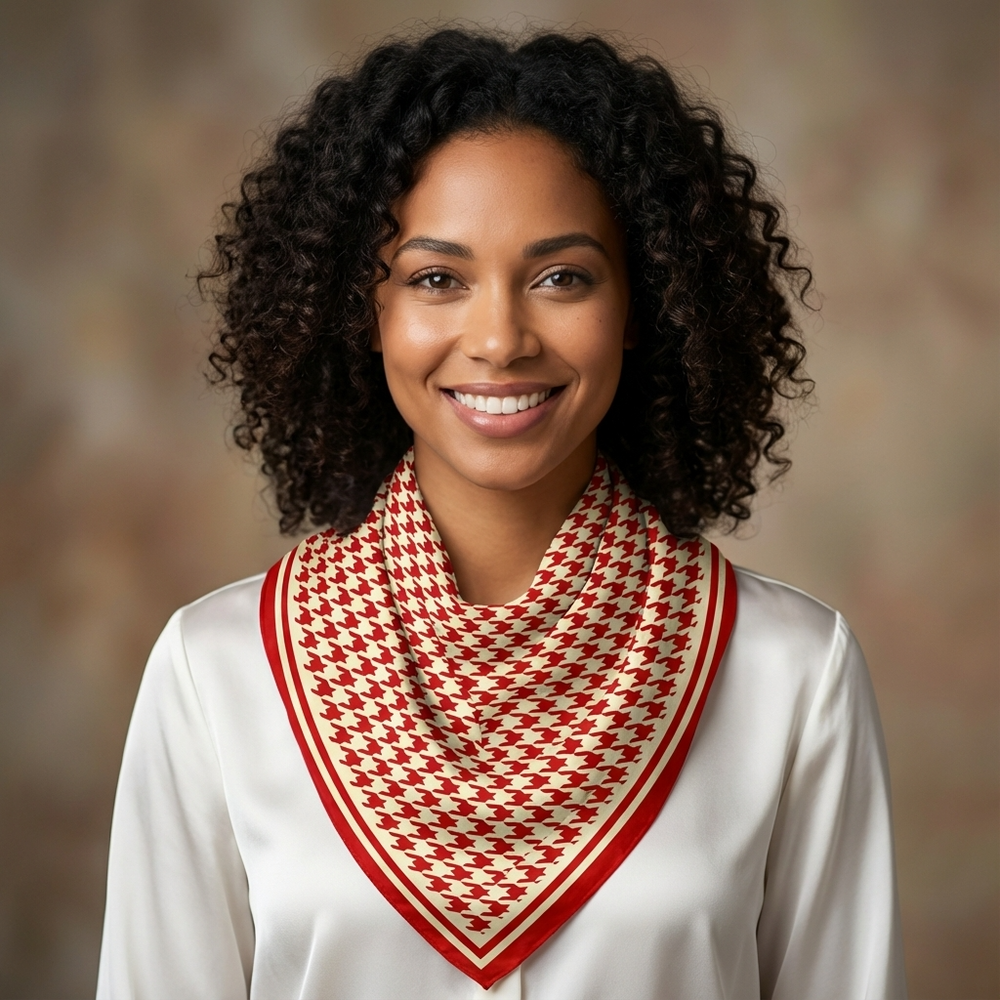 Woman wearing a red and white patterned scarf on a blurred background