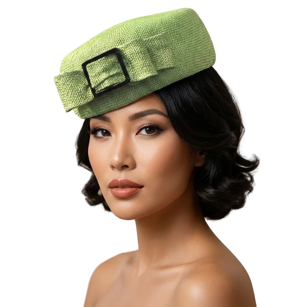 Woman wearing a green hat with a decorative buckle against a decorative wall.