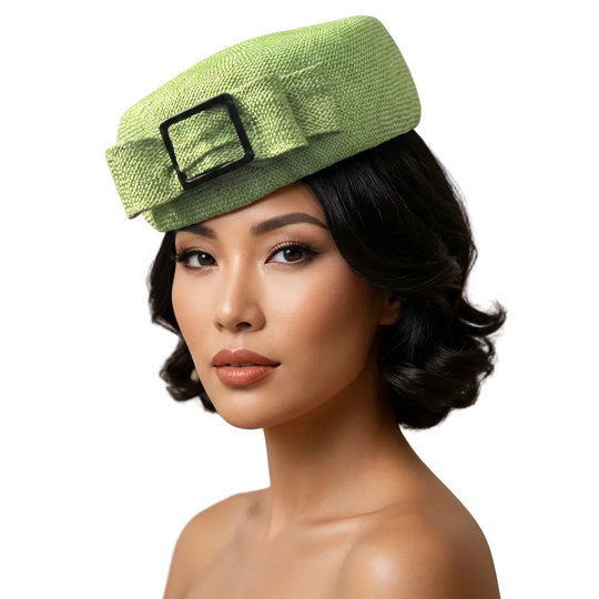 Woman wearing a green hat with a decorative buckle against a decorative wall.