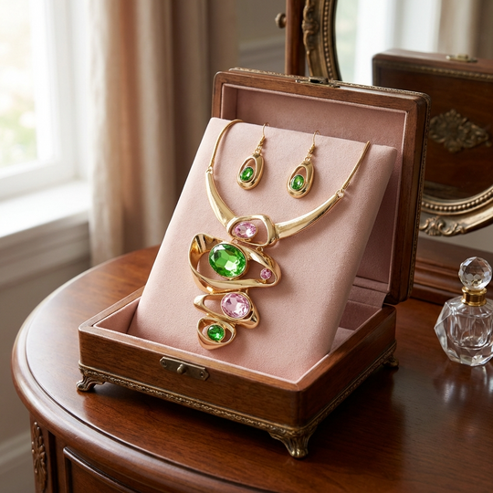 Pink and Green Crystal Statement Necklace and Earring Set - Gold