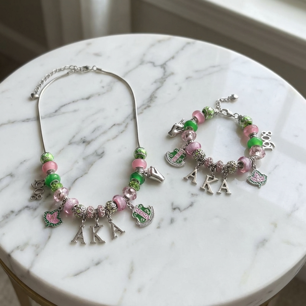 Necklace and bracelet set with pink and green charms on a marble surface