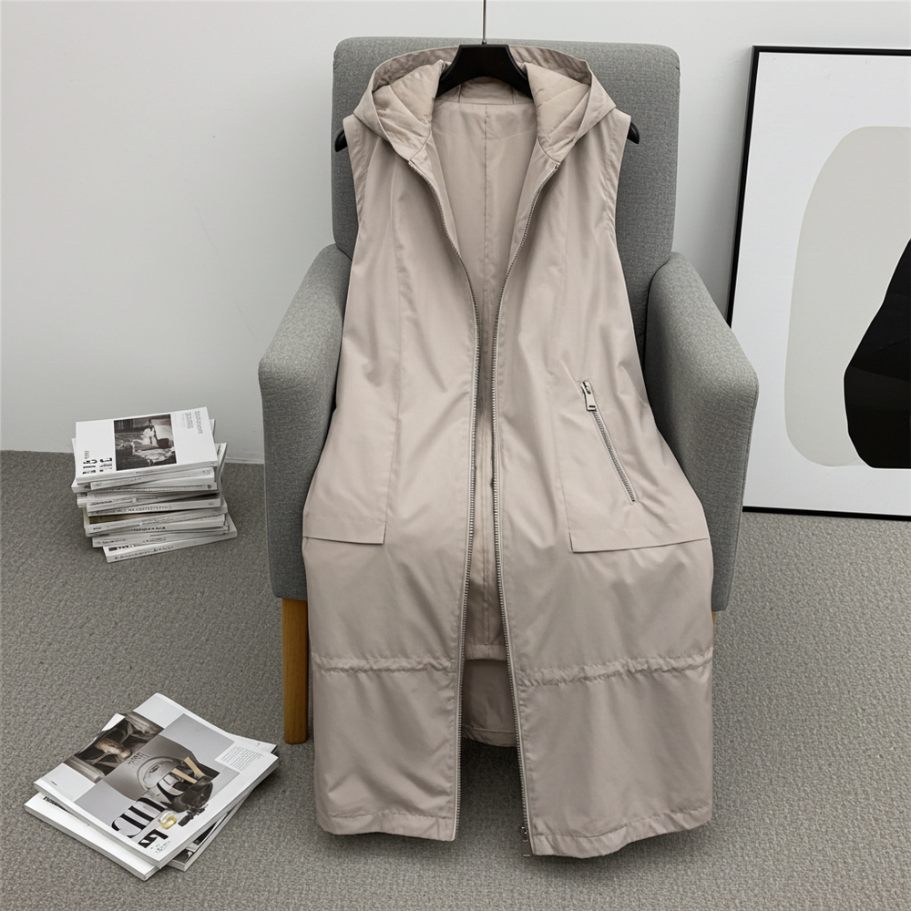 “Women’s parachute zip-up vest with removable hood and zippered pockets – longline Italian vest in beige”