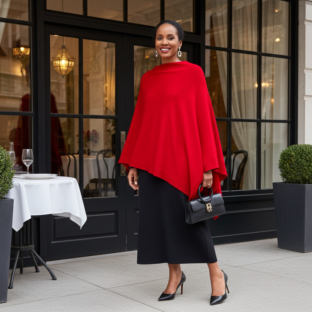 Woman in a red poncho standing outside a restaurant entrance