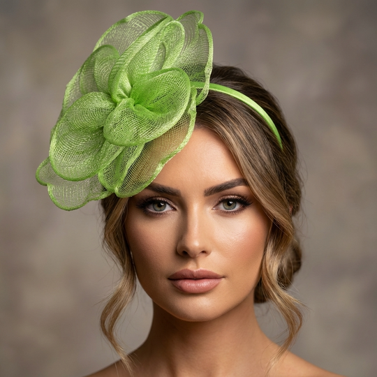 Woman wearing a green floral headband against a neutral background