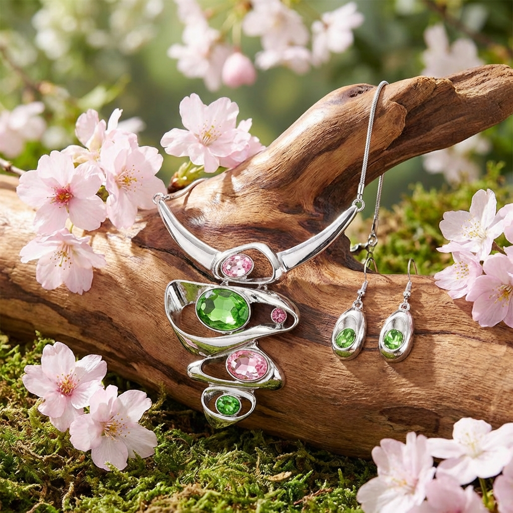 Pink and Green Crystal Statement Necklace and Earring Set - Silver