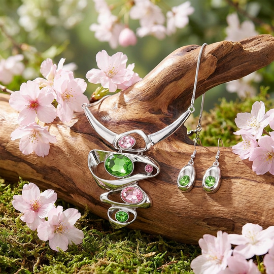 Pink and Green Crystal Statement Necklace and Earring Set - Silver