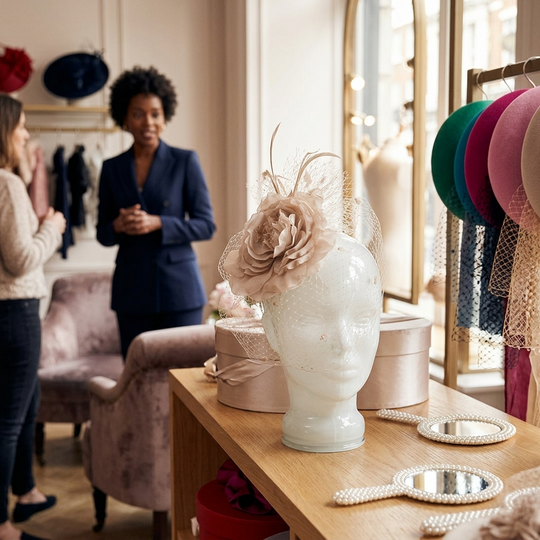 A beige fascinator hat with a large fabric flower and feather details displayed on a white mannequin head inside a boutique. A woman in a navy blazer stands in the background near a pink velvet chair, and other hats are hanging on a rack to the right.