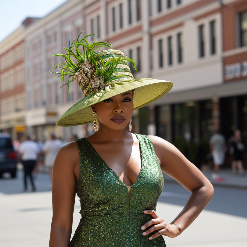 Woman in a green dress and hat standing on a street with buildings in the background