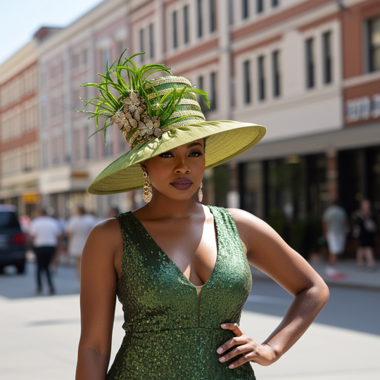 Woman in a green dress and hat standing on a street with buildings in the background