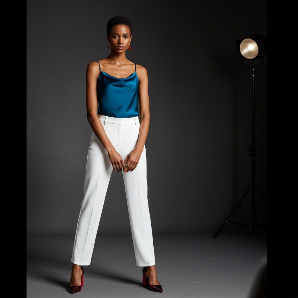 Woman wearing a blue top and white pants standing in front of a studio light setup.