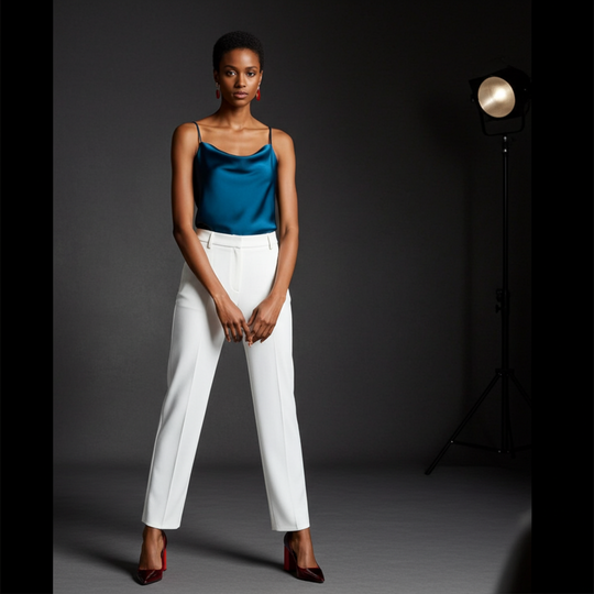 Woman wearing a blue top and white pants standing in front of a studio light setup.