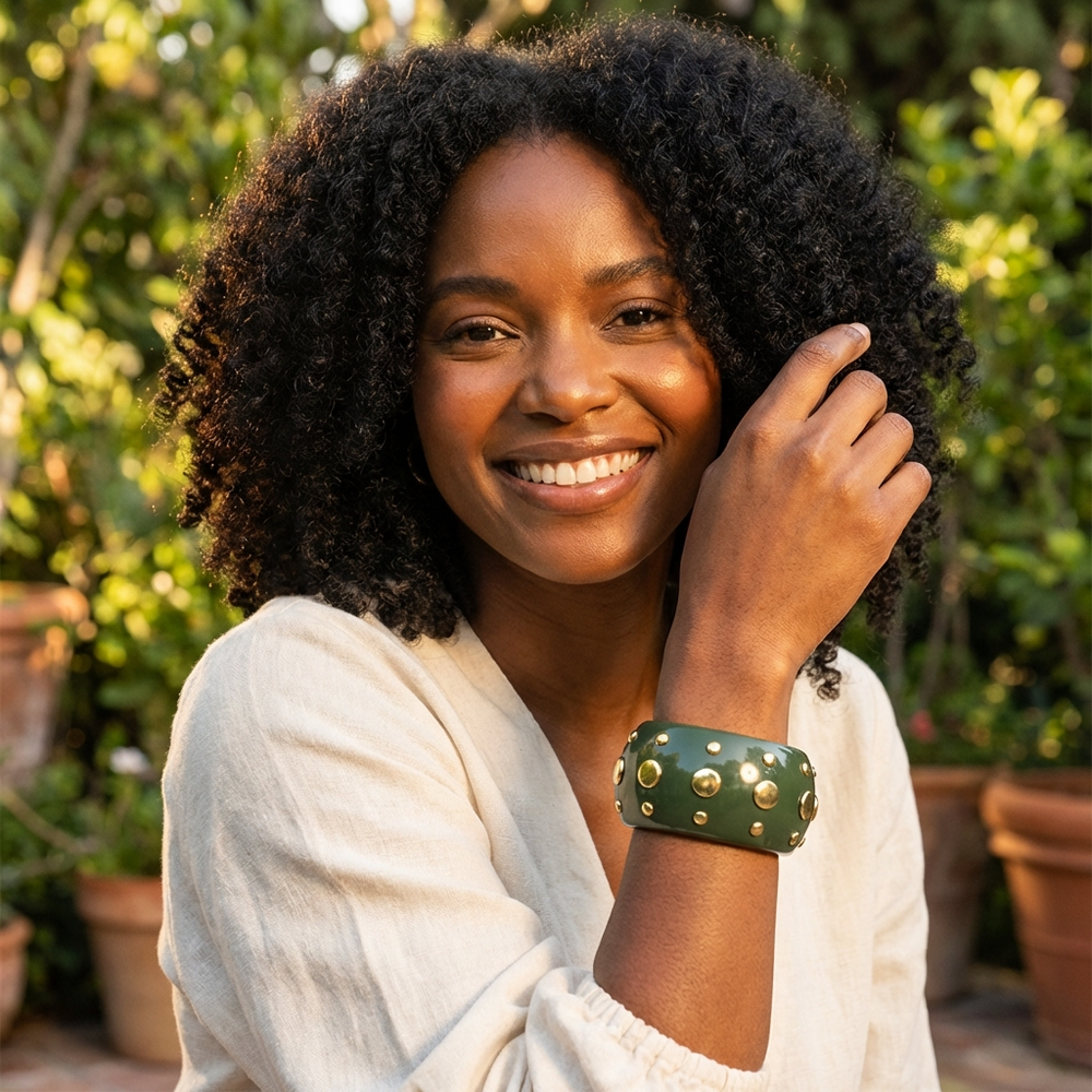 Bowie Bangle Bracelet – Colored Resin Cuff with Gold-Plated Studs - Green