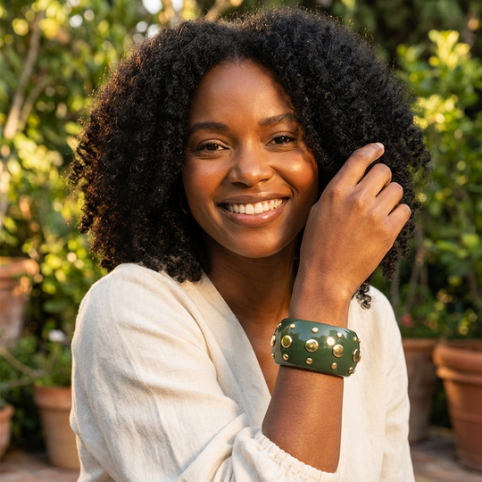 Bowie Bangle Bracelet – Colored Resin Cuff with Gold-Plated Studs - Green