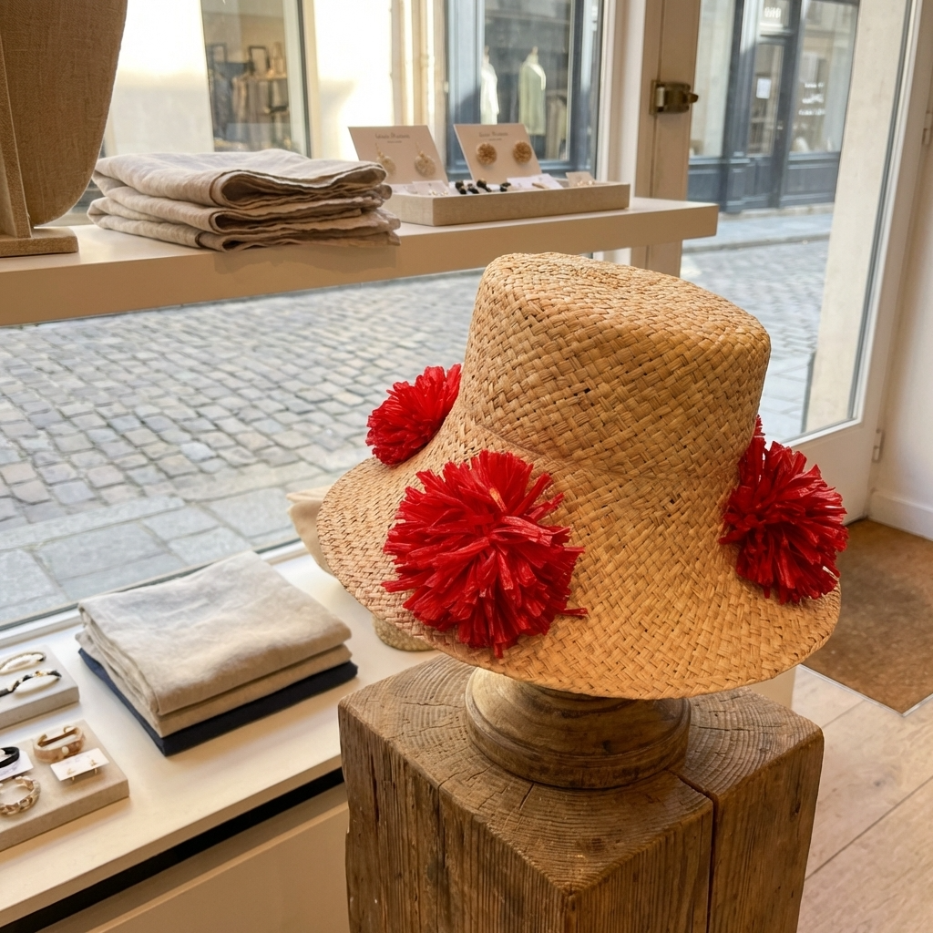 Natural Straw Hat with Red Pom Pom Detail