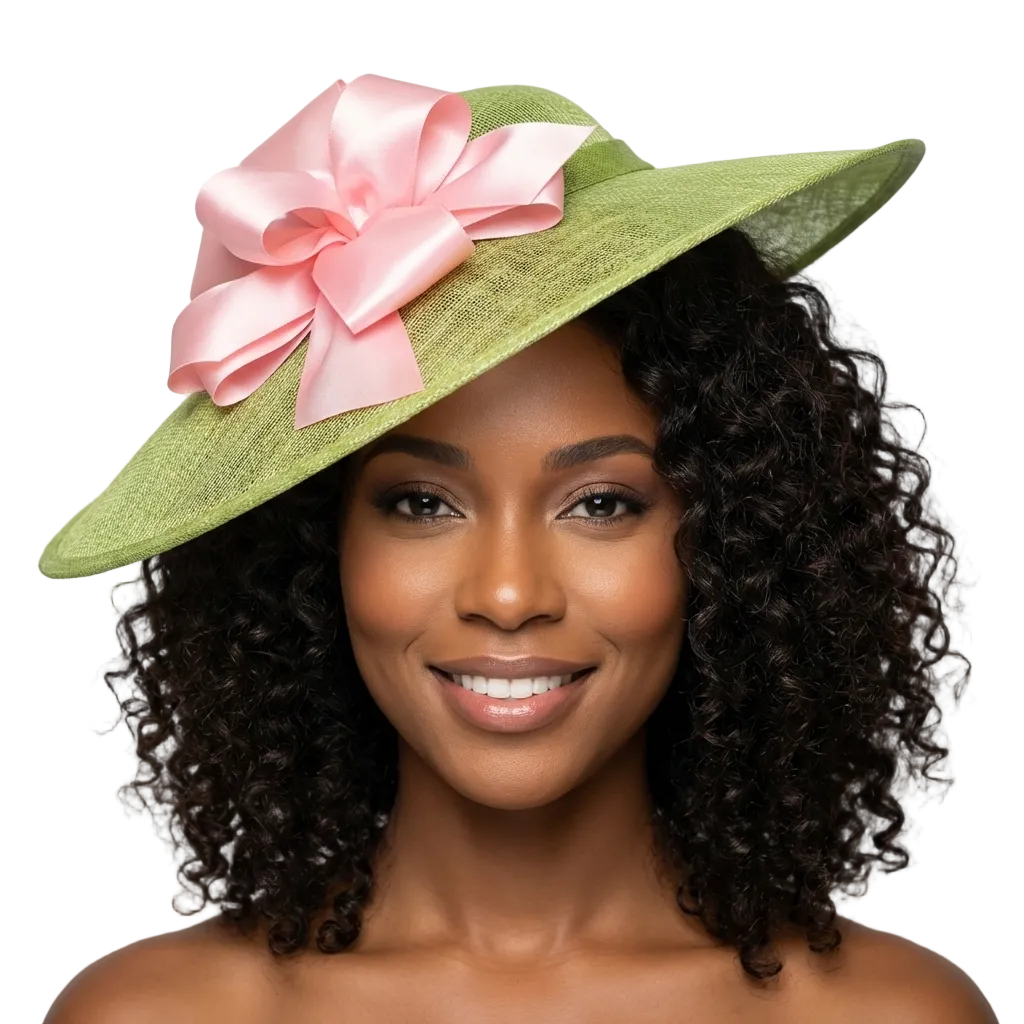 Woman wearing a green hat with a pink bow on a white background