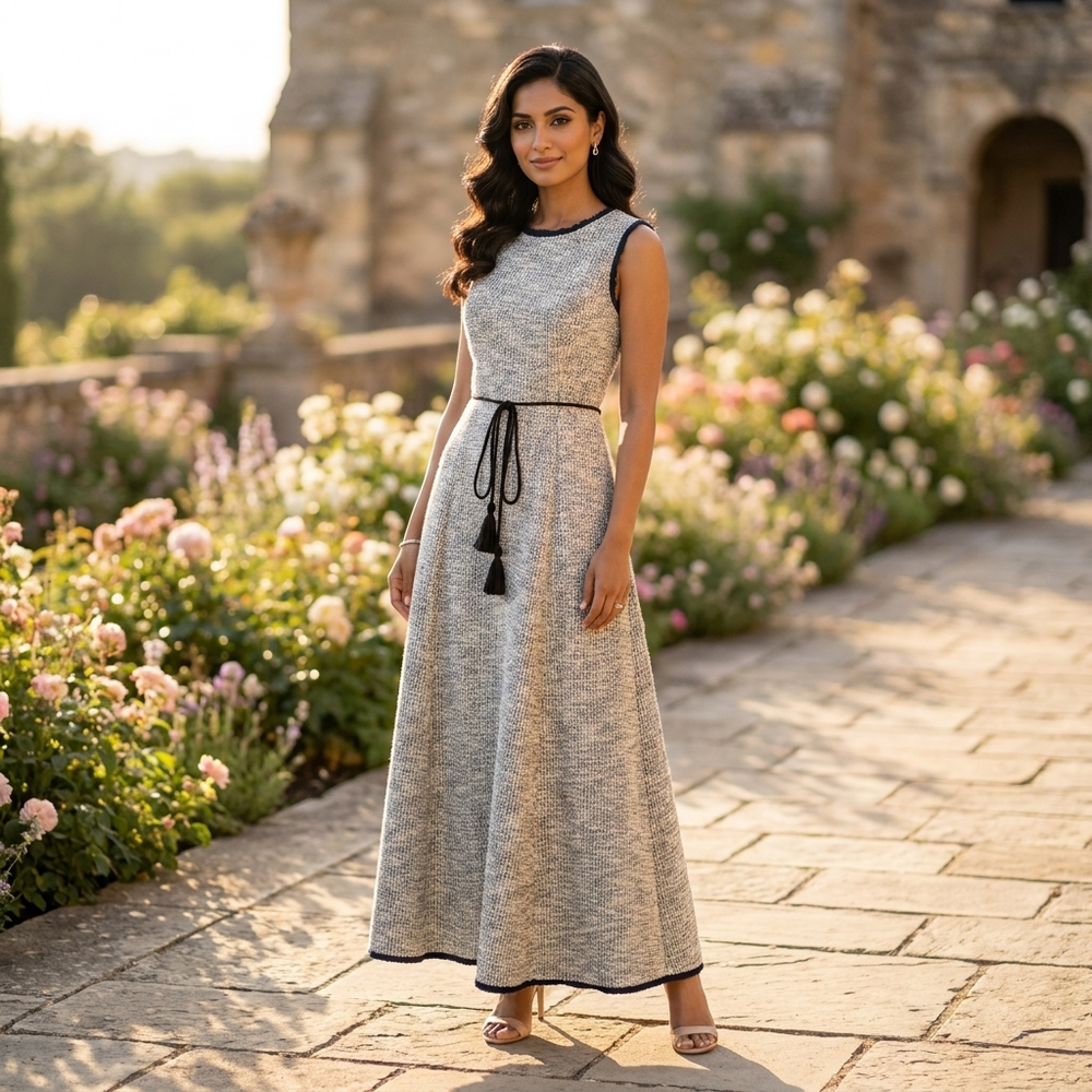 Woman in a long dress standing in a garden with flowers and stone architecture.