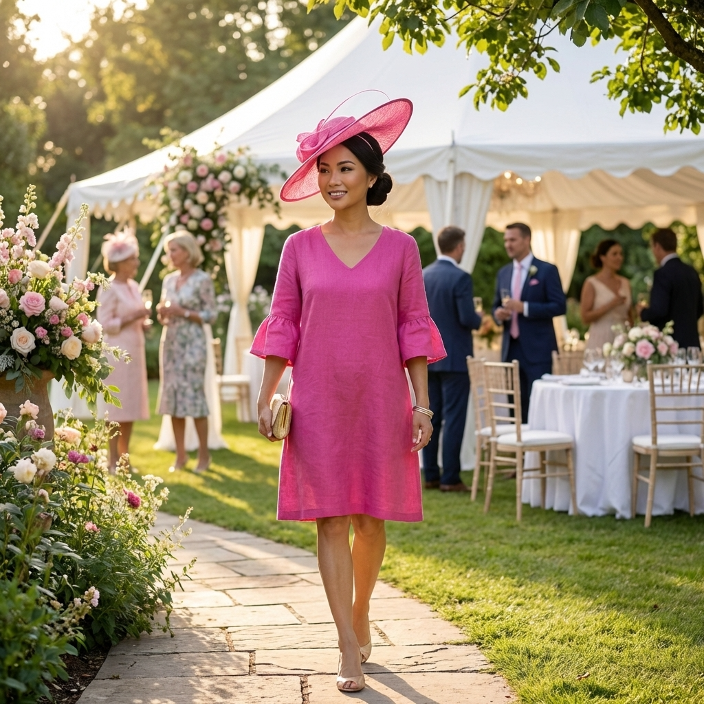 Woman in a pink dress and hat walking at an outdoor event with floral decorations and people in the background.