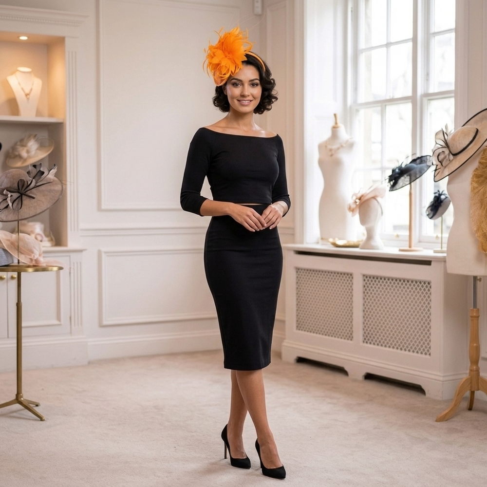 Gelbes Feder-Blumen-Fascinator-Stirnband mit Krinoline-Detail