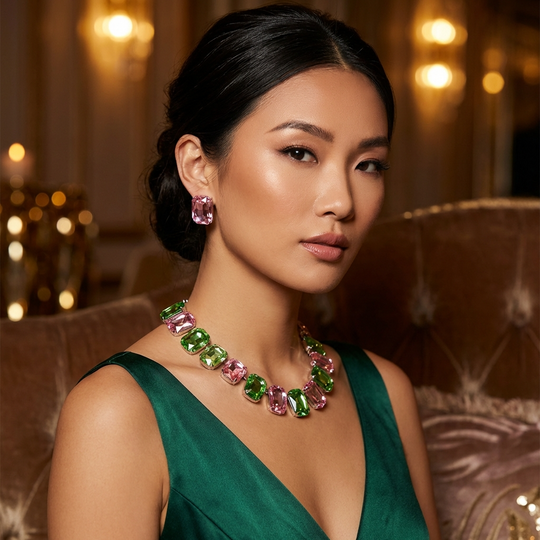 Pink Green Octagon Cut Collar Necklace Set