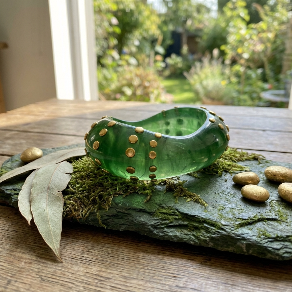 Bindi Bangle Bracelet – Colored Resin Cuff with Gold-Plated Studs - Green