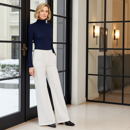 Woman in navy turtleneck and white pants standing in a modern interior setting.
