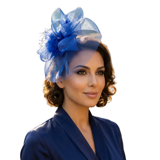 Woman wearing a blue fascinator with flowers outdoors
