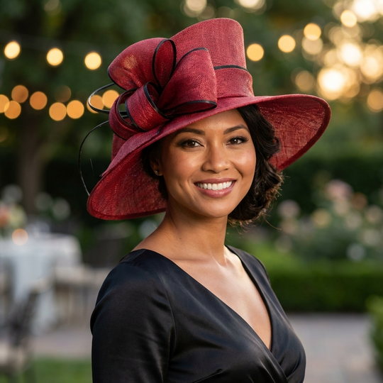 Woman wearing a red hat with a blurred outdoor background
