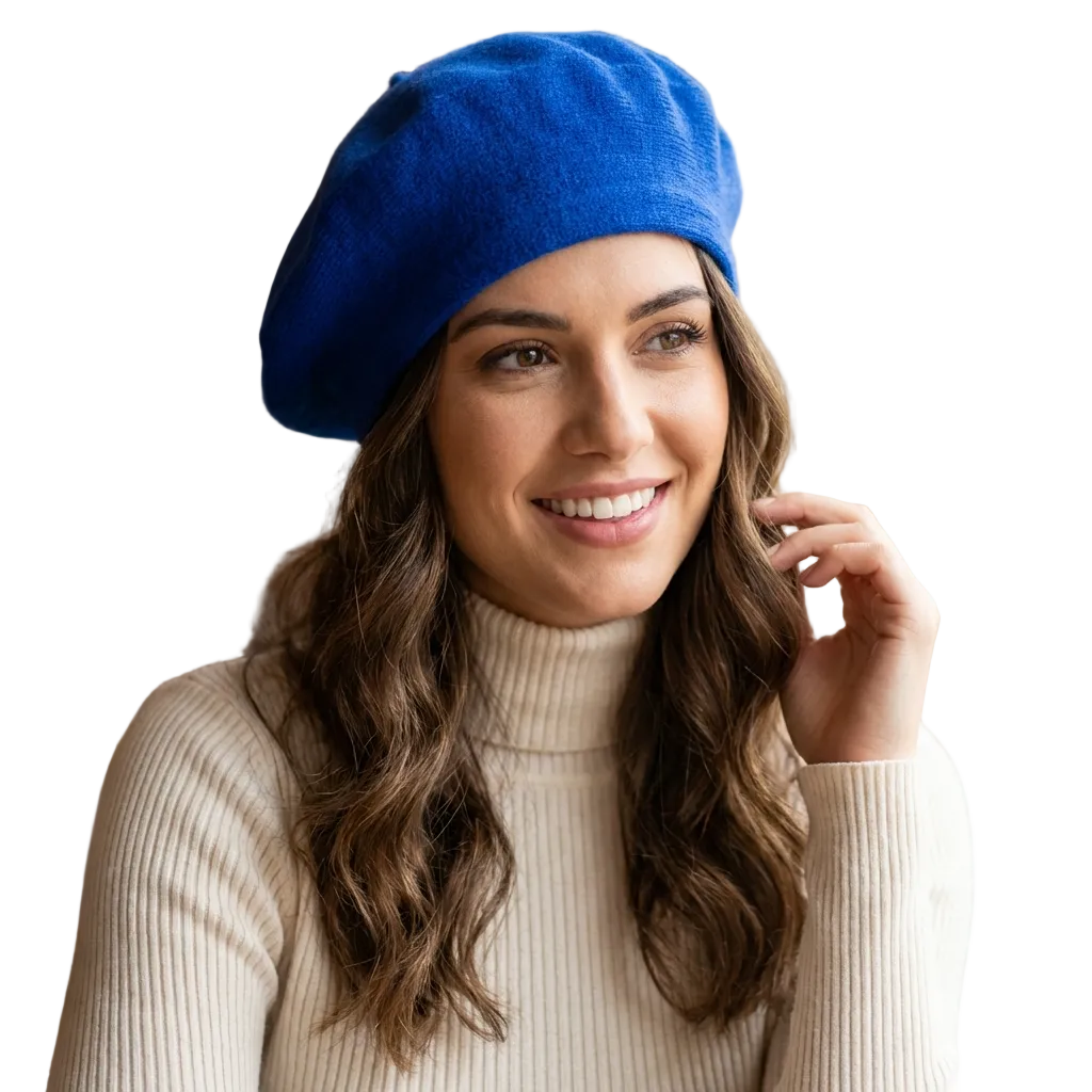 Woman wearing a blue beret and beige sweater indoors