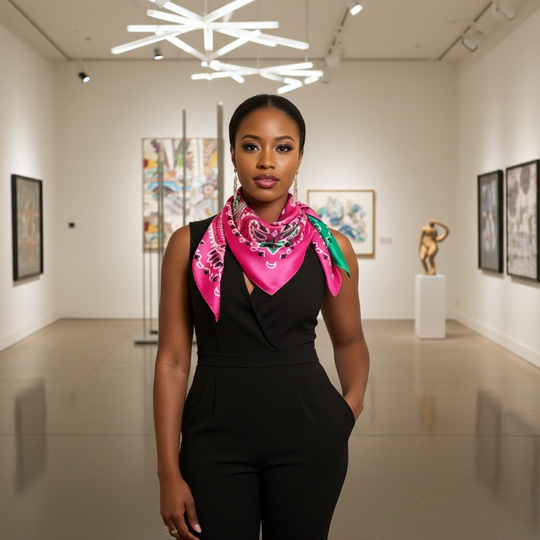 Woman wearing a pink and green scarf in an art gallery