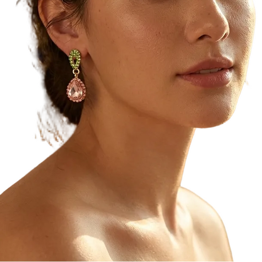 Pink & Green Crystal Small Tear Drop Earrings