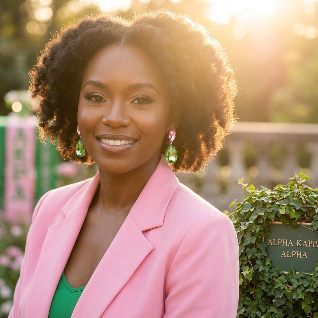 Woman in a pink blazer standing outdoors with a blurred background
