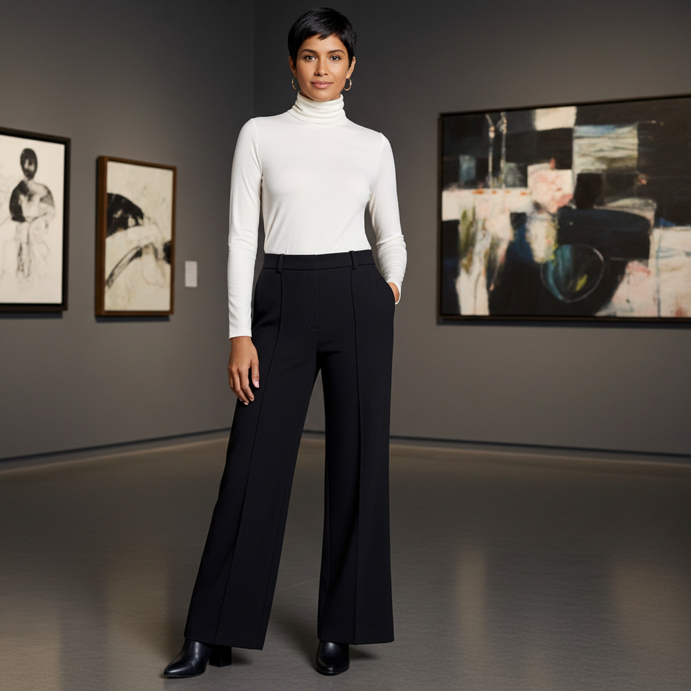 Woman in a white turtleneck and black pants standing in an art gallery.